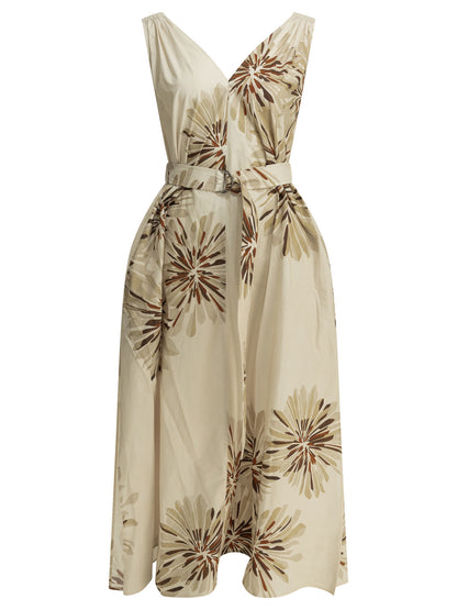 Brunello Cucinelli "Bloom Print" Midi Dress - Beige