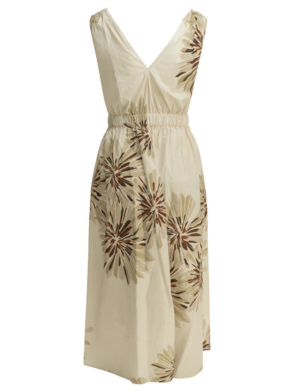 Brunello Cucinelli "Bloom Print" Midi Dress - Beige