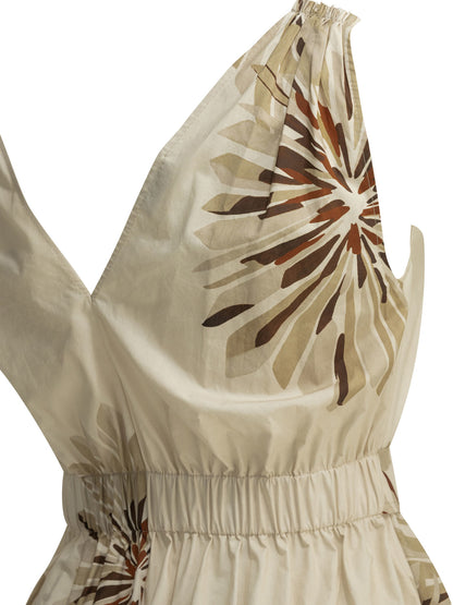 Brunello Cucinelli "Bloom Print" Midi Dress - Beige
