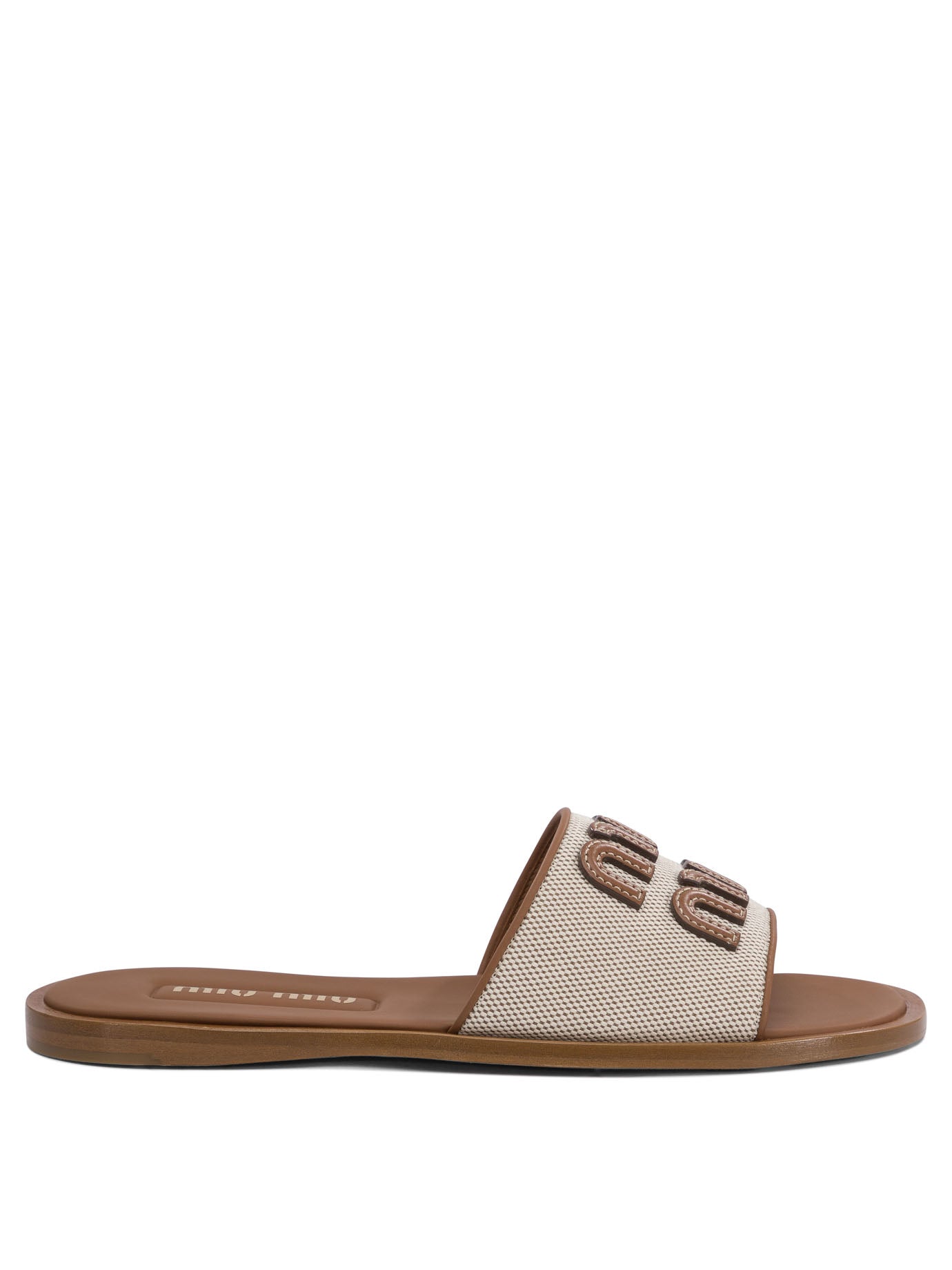 Miu Miu Leather and canvas slide with logo - Brown