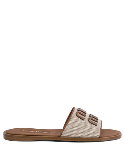 Miu Miu Leather and canvas slide with logo - Brown