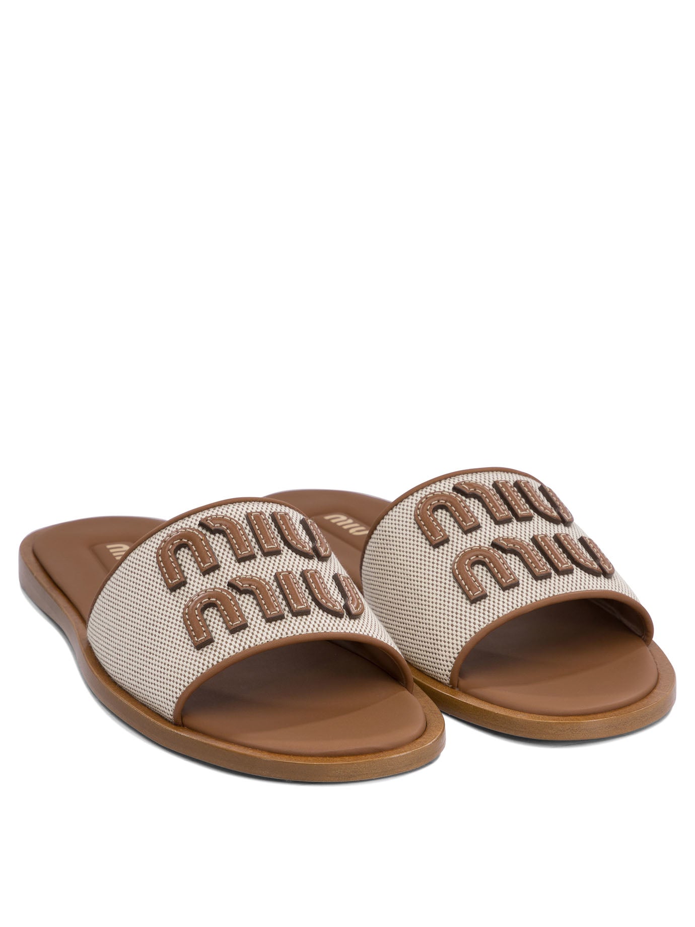 Miu Miu Leather and canvas slide with logo - Brown
