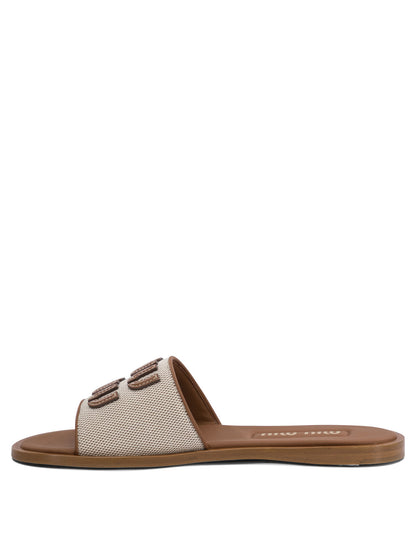 Miu Miu Leather and canvas slide with logo - Brown