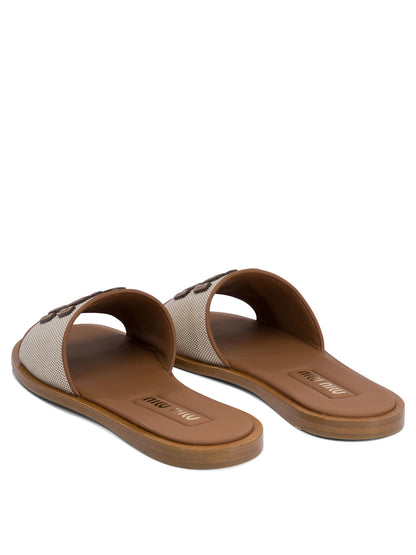 Miu Miu Leather and canvas slide with logo - Brown