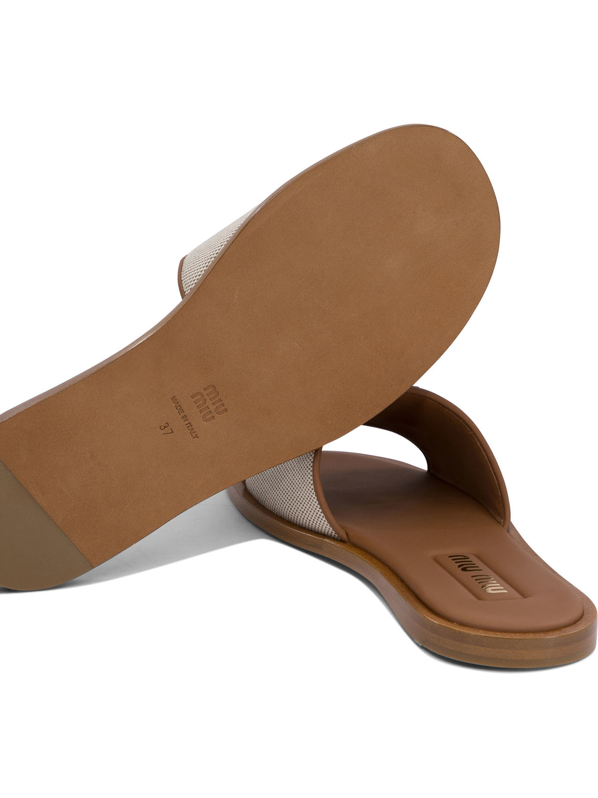 Miu Miu Leather and canvas slide with logo - Brown