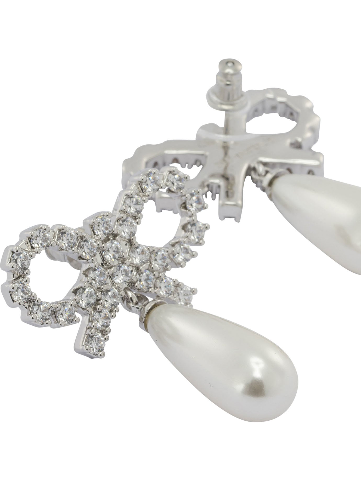 Self-Portrait Pearl earrings with crystal bow - White