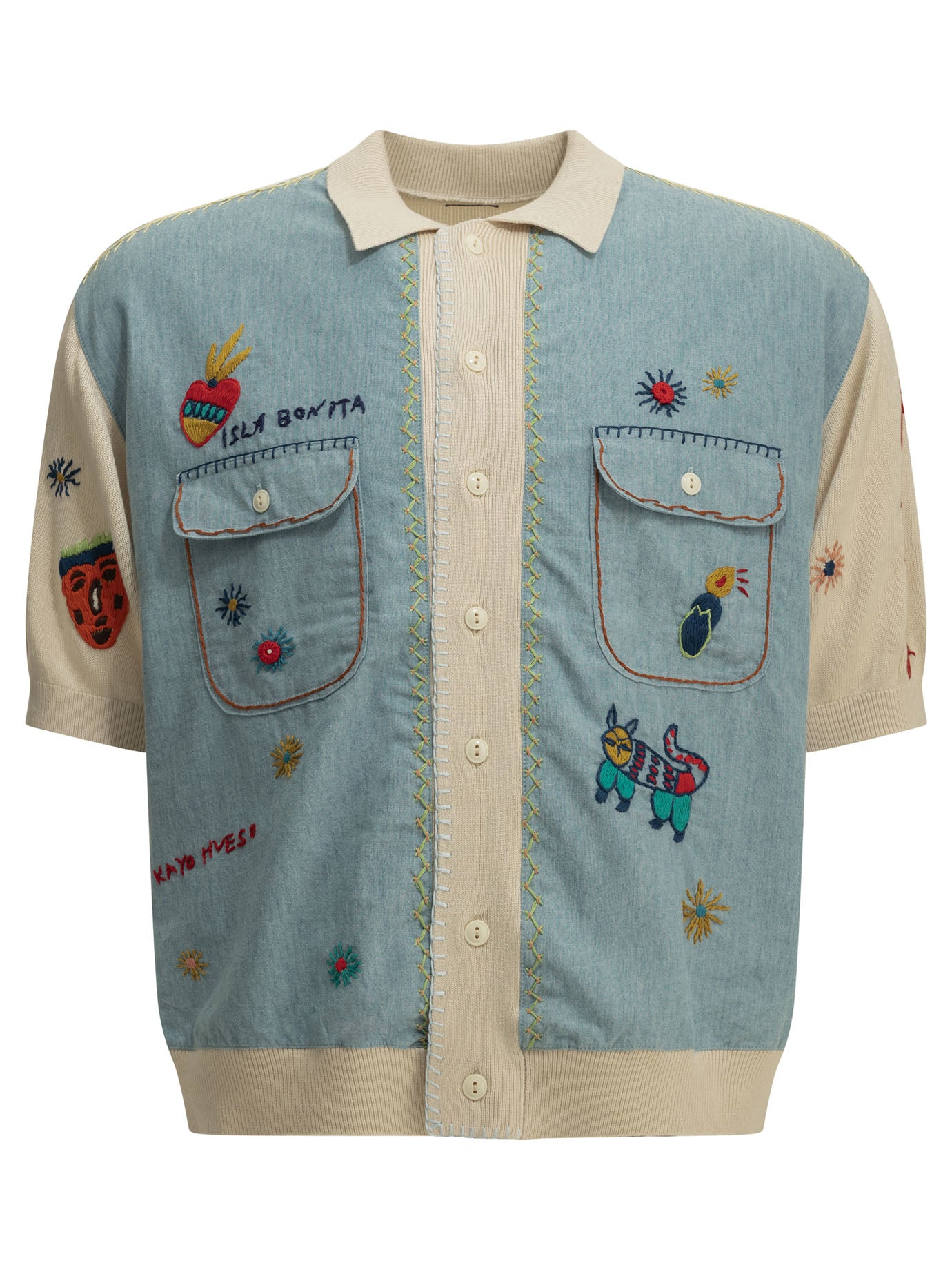 Kapital "Kapital Knit x Chambray Polo Shirt Isla Bonita" Casual Shirt - Beige