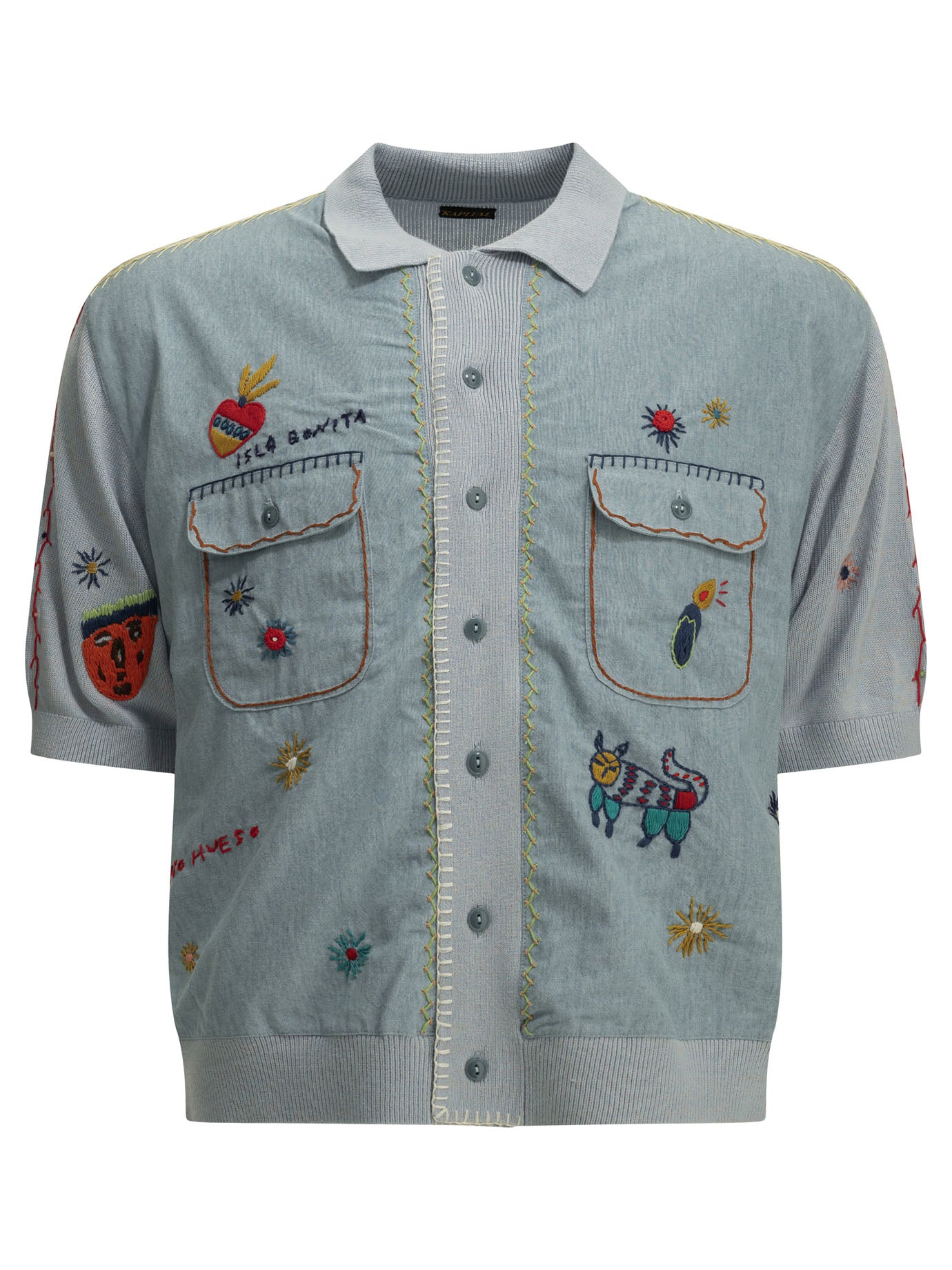Kapital "Kapital Knit x Chambray Polo Shirt Isla Bonita" Casual Shirt - Light Blue