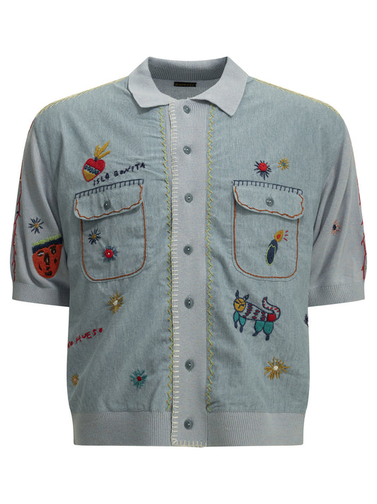 Kapital "Kapital Knit x Chambray Polo Shirt Isla Bonita" Casual Shirt - Light Blue