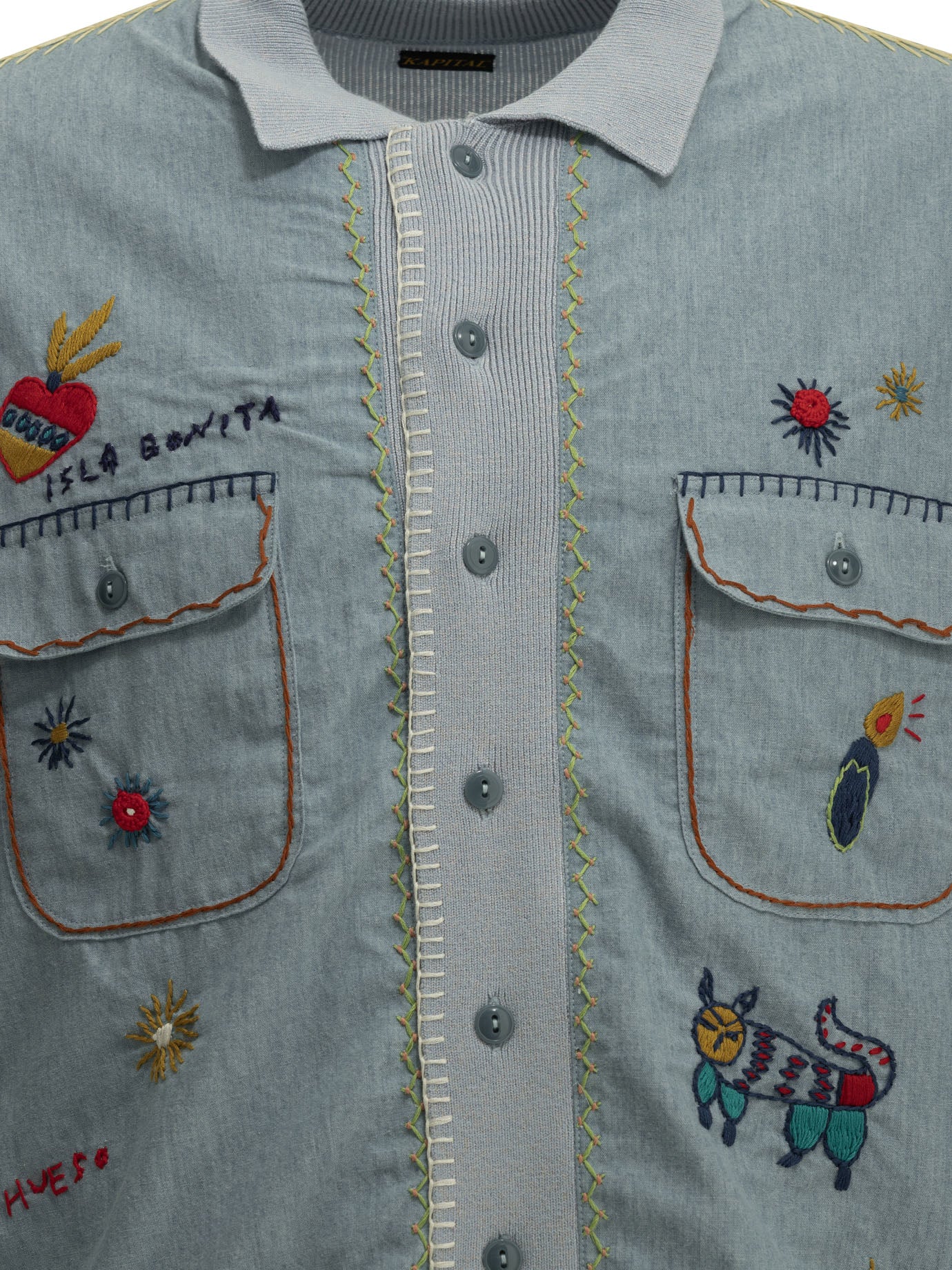 Kapital "Kapital Knit x Chambray Polo Shirt Isla Bonita" Casual Shirt - Light Blue