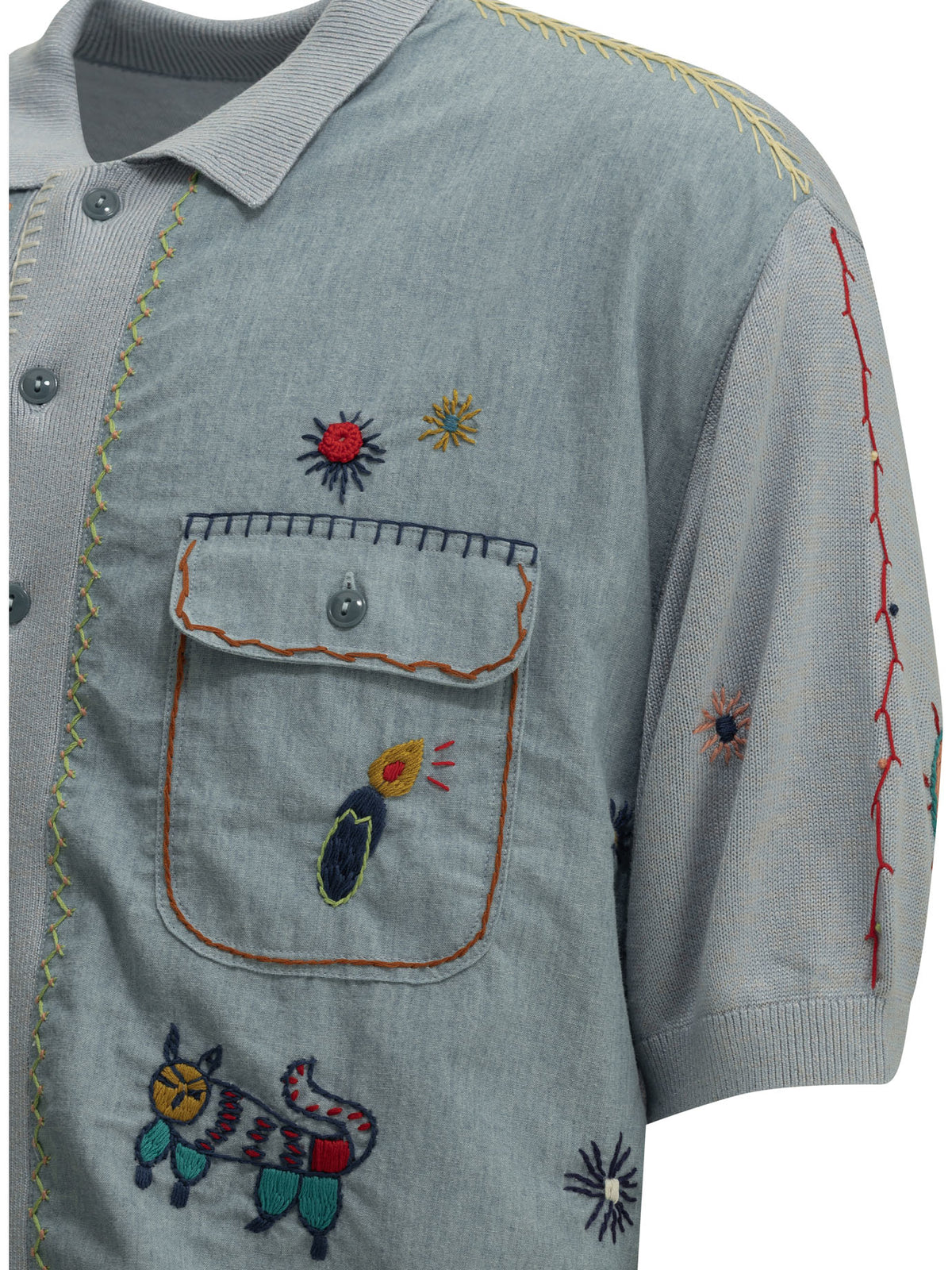 Kapital "Kapital Knit x Chambray Polo Shirt Isla Bonita" Casual Shirt - Light Blue