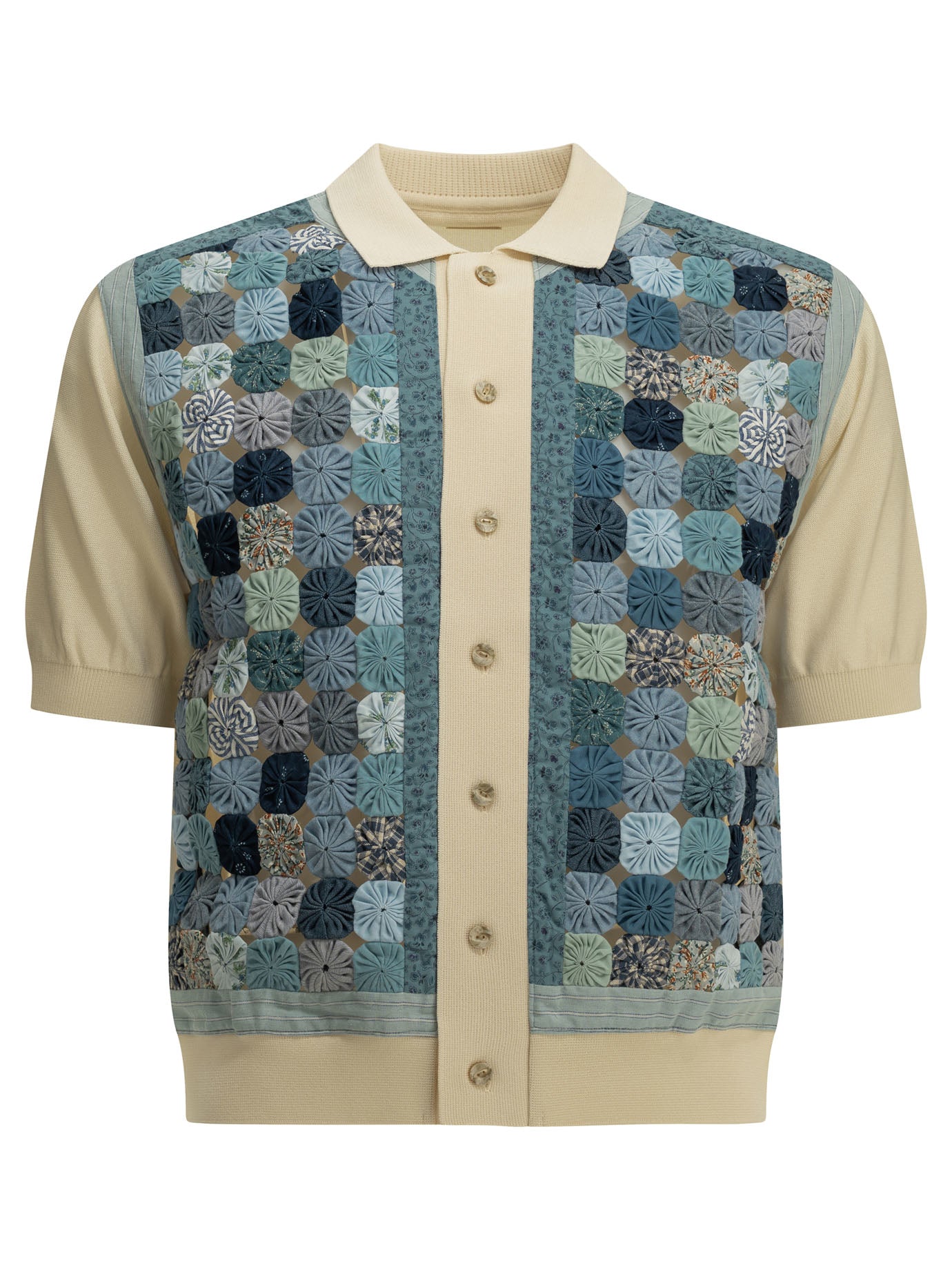 Kapital Button-down Polo Shirt "Knit x YOYO Quilt Polo" - Blue