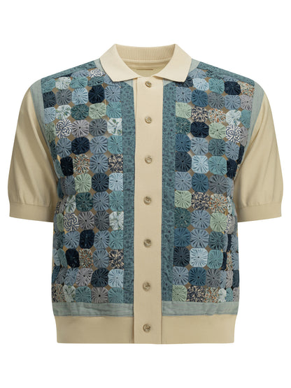 Kapital Button-down Polo Shirt "Knit x YOYO Quilt Polo" - Blue