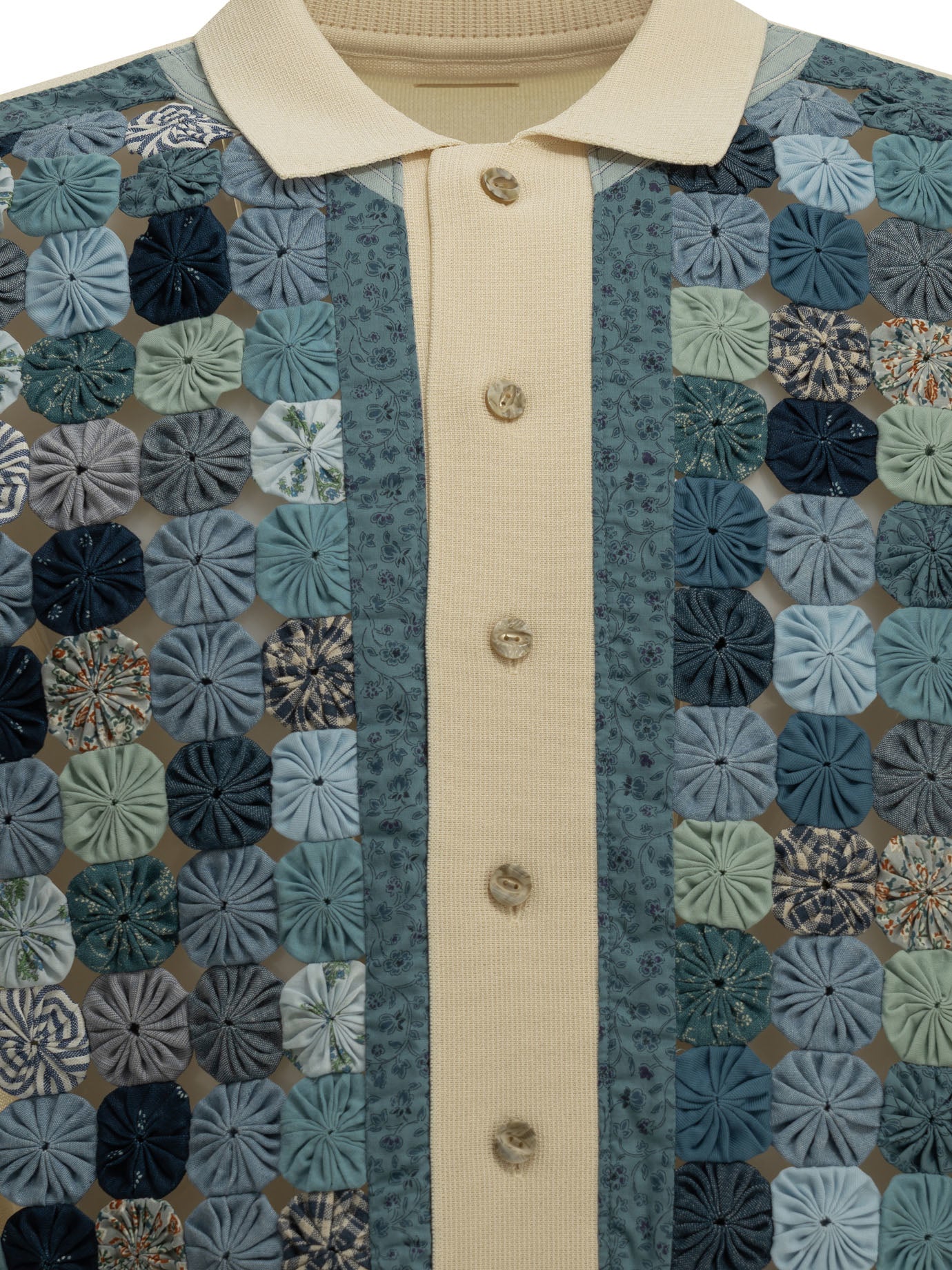 Kapital Button-down Polo Shirt "Knit x YOYO Quilt Polo" - Blue