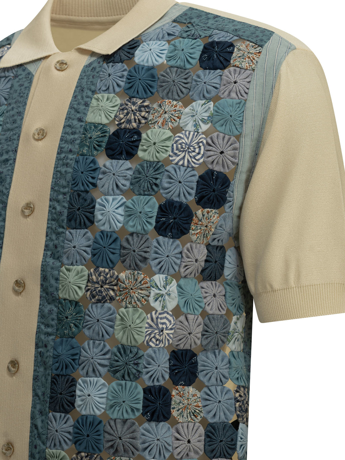 Kapital Button-down Polo Shirt "Knit x YOYO Quilt Polo" - Blue
