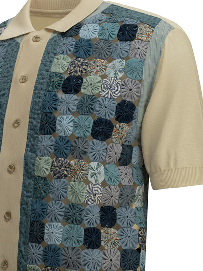 Kapital Button-down Polo Shirt "Knit x YOYO Quilt Polo" - Blue
