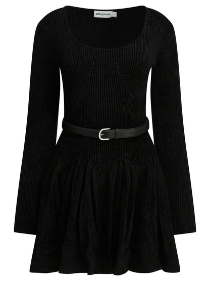 Self-Portrait Knitted flared dress - Black