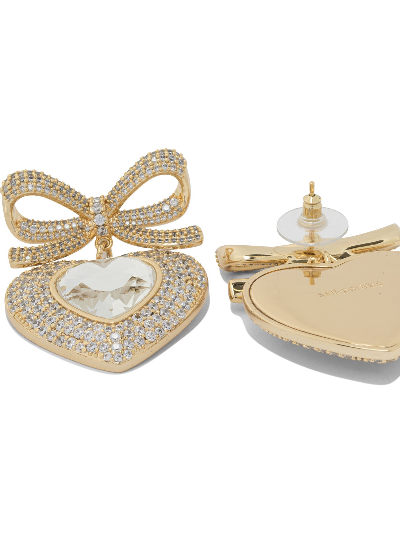 Self-Portrait Heart-shaped earrings with embellished bow - Gold