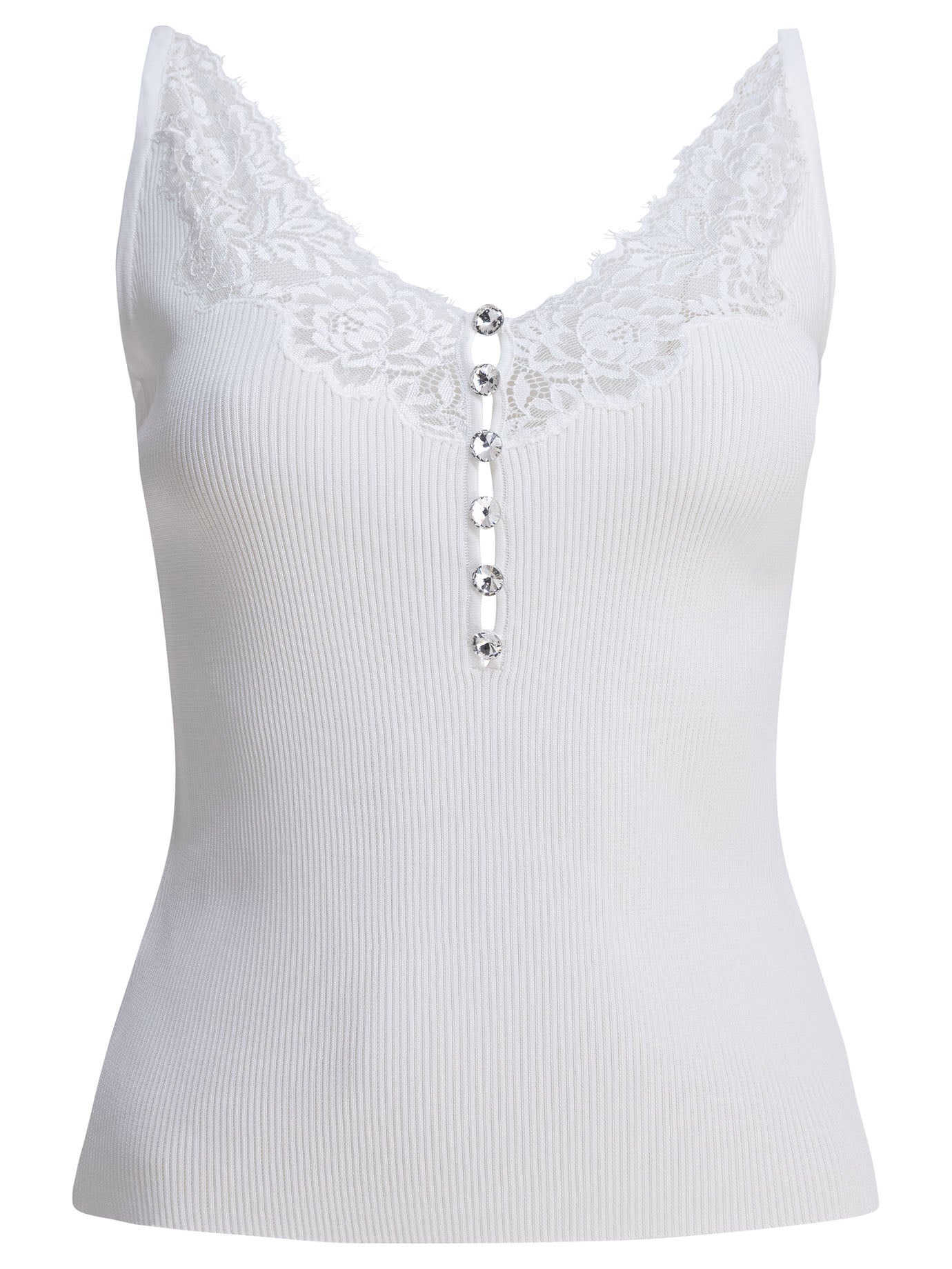 Self-Portrait Ribbed tank top with lace neckline - White
