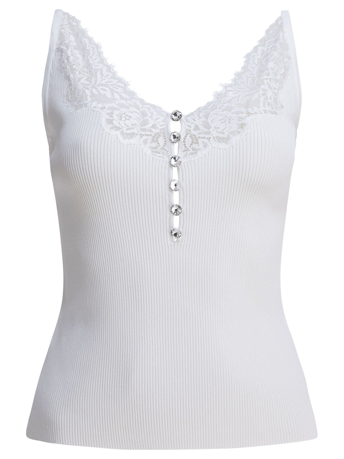 Self-Portrait Ribbed tank top with lace neckline - White
