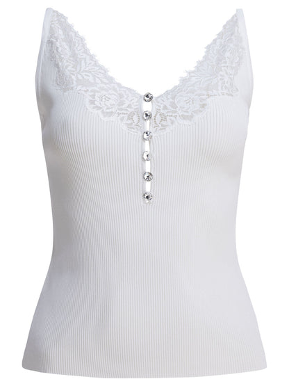 Self-Portrait Ribbed tank top with lace neckline - White