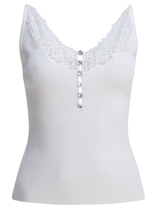 Self-Portrait Ribbed tank top with lace neckline - White