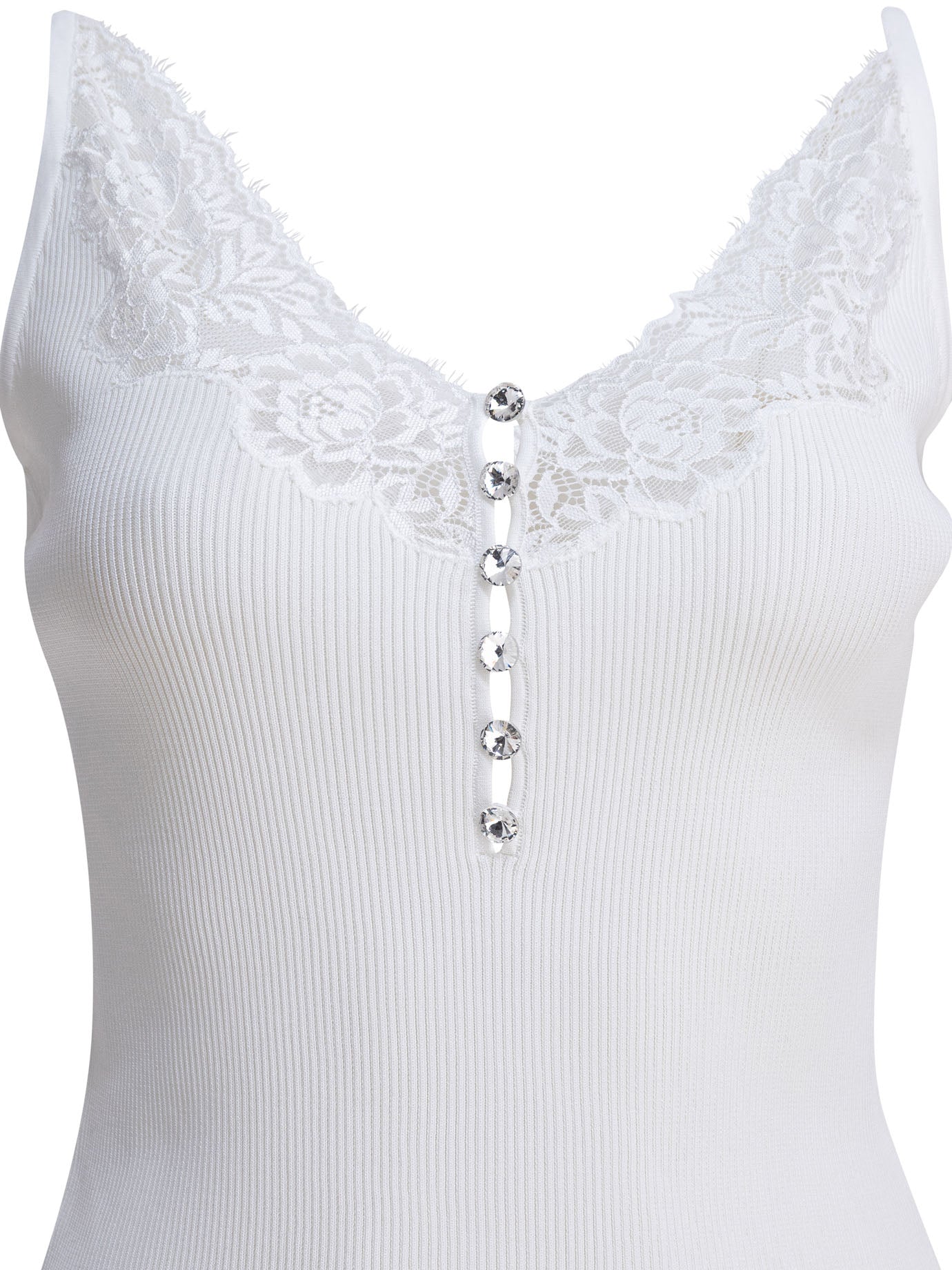 Self-Portrait Ribbed tank top with lace neckline - White