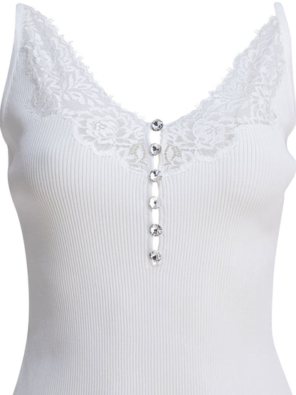 Self-Portrait Ribbed tank top with lace neckline - White