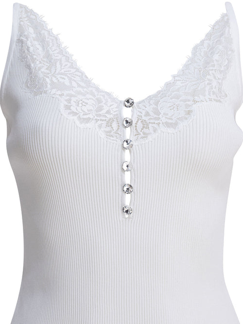 Self-Portrait Ribbed tank top with lace neckline - White