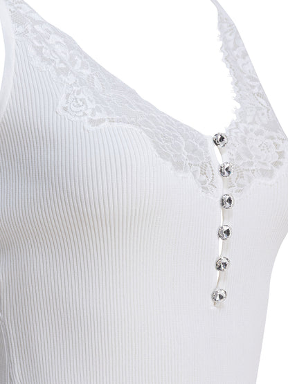 Self-Portrait Ribbed tank top with lace neckline - White