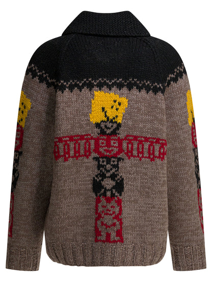 Kapital "Peckish Totem Pole" zippered sweater. - Brown