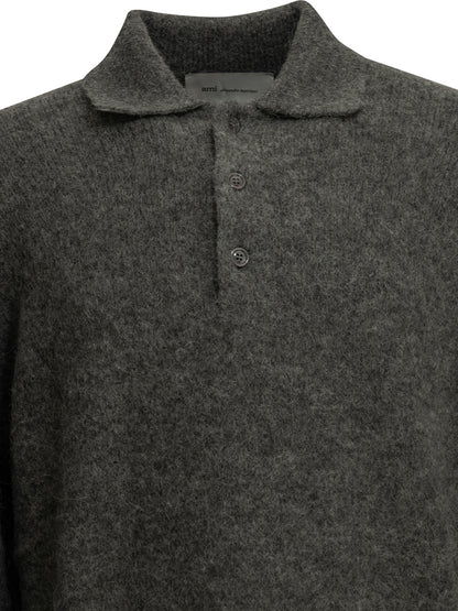 Ami Paris Polo Sweater with Logo - Grey