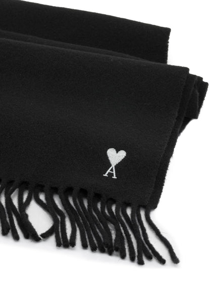 Ami Paris "Ami de Coeur" Fringed Scarf - Black