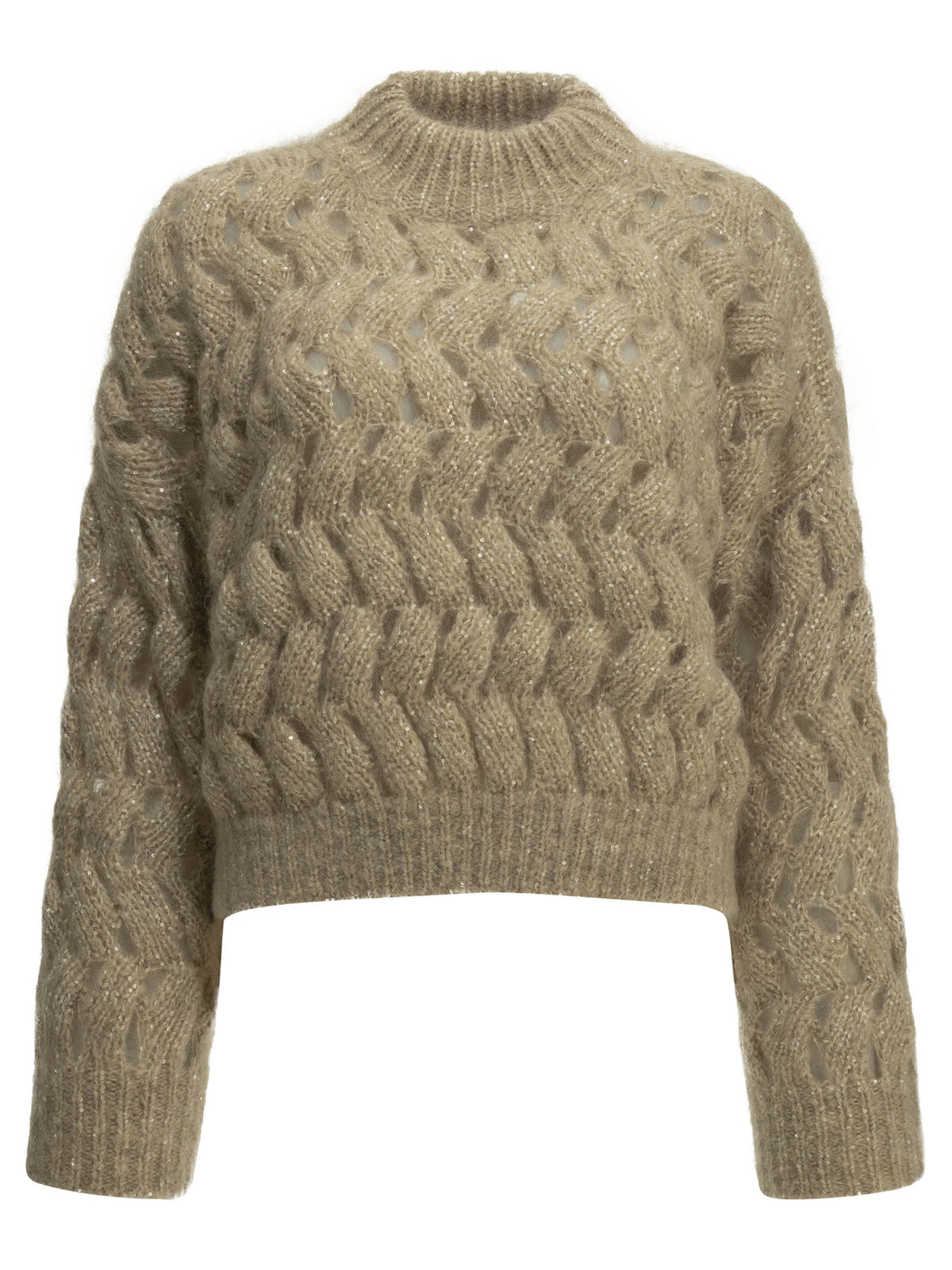 Brunello Cucinelli "Dazzling Zigzag Cables" Crew-Neck Sweater - Beige