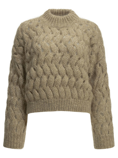 Brunello Cucinelli "Dazzling Zigzag Cables" Crew-Neck Sweater - Beige