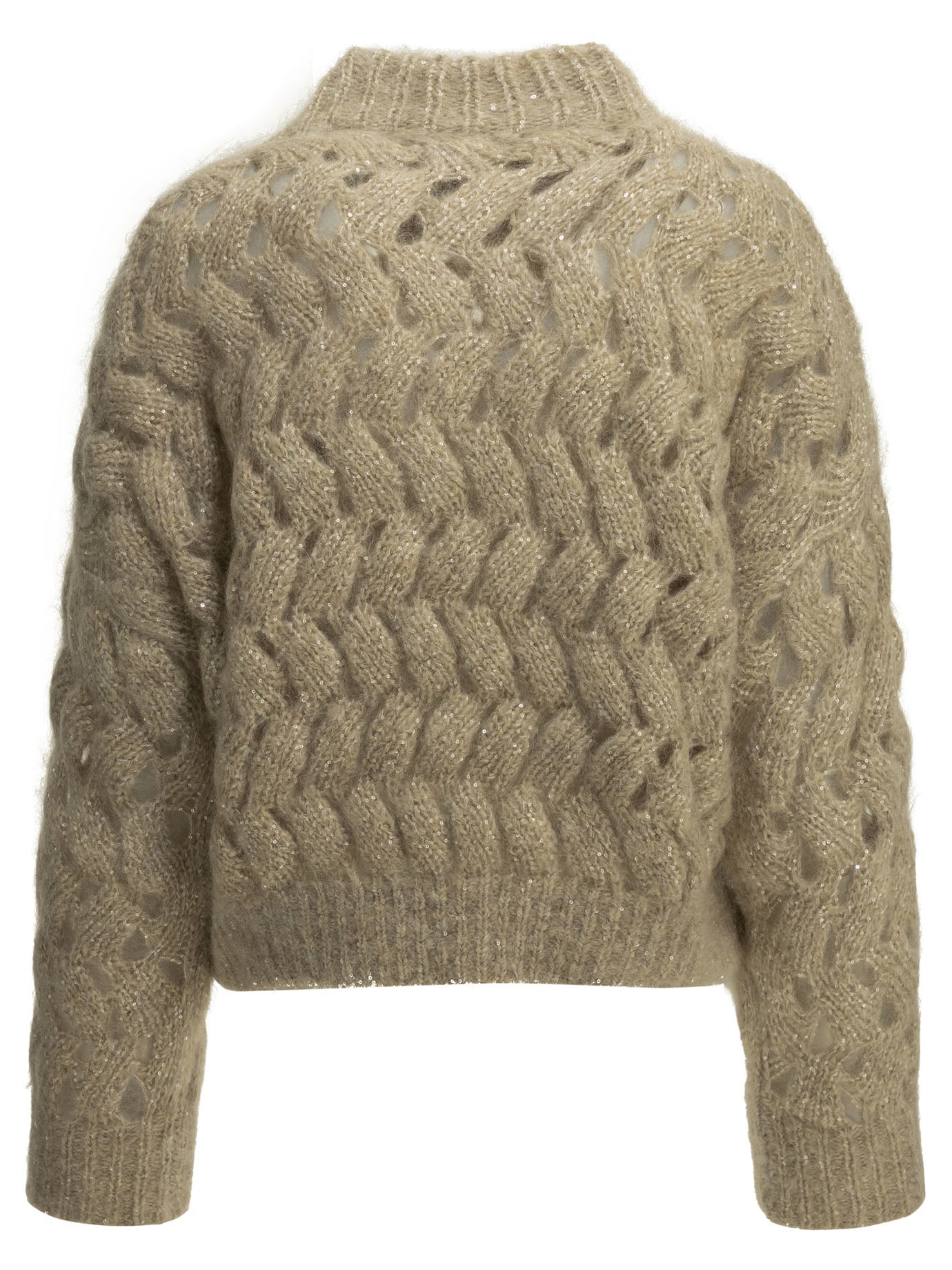 Brunello Cucinelli "Dazzling Zigzag Cables" Crew-Neck Sweater - Beige
