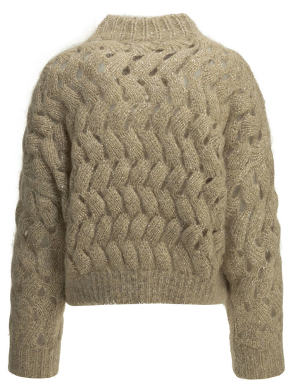 Brunello Cucinelli "Dazzling Zigzag Cables" Crew-Neck Sweater - Beige