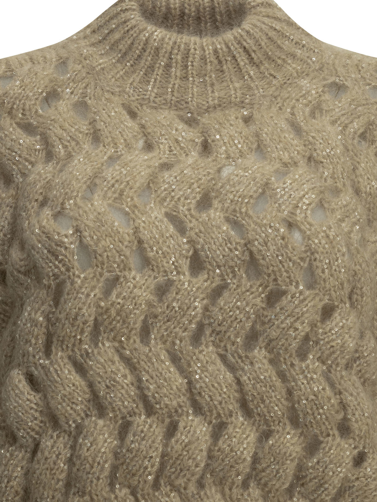 Brunello Cucinelli "Dazzling Zigzag Cables" Crew-Neck Sweater - Beige