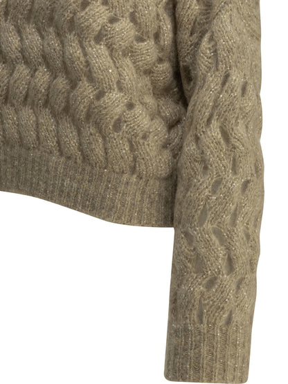 Brunello Cucinelli "Dazzling Zigzag Cables" Crew-Neck Sweater - Beige
