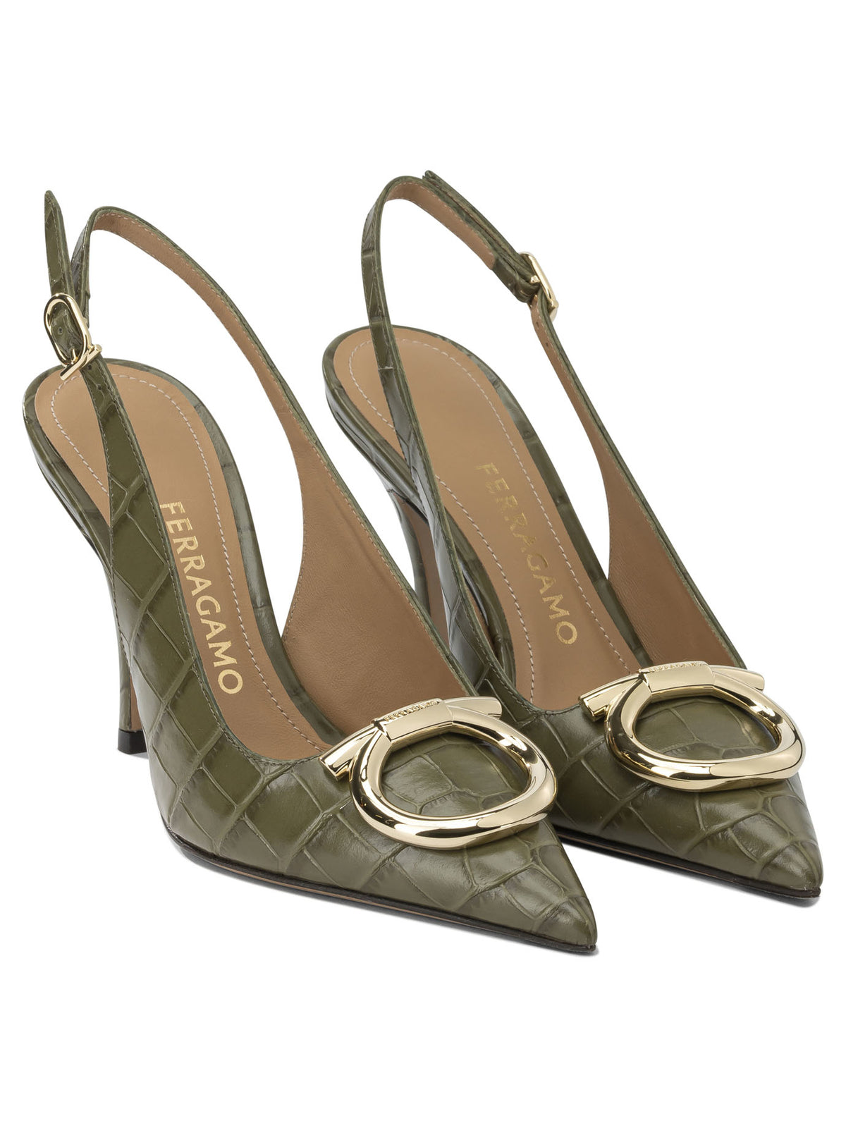 Ferragamo "Sara Croc 65MM" Slingback - Green