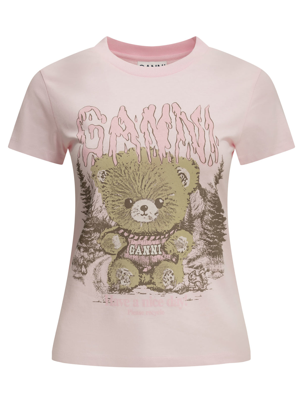 Ganni "Forest Teddy" Crew-Neck T-Shirt - Pink