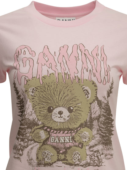 Ganni "Forest Teddy" Crew-Neck T-Shirt - Pink