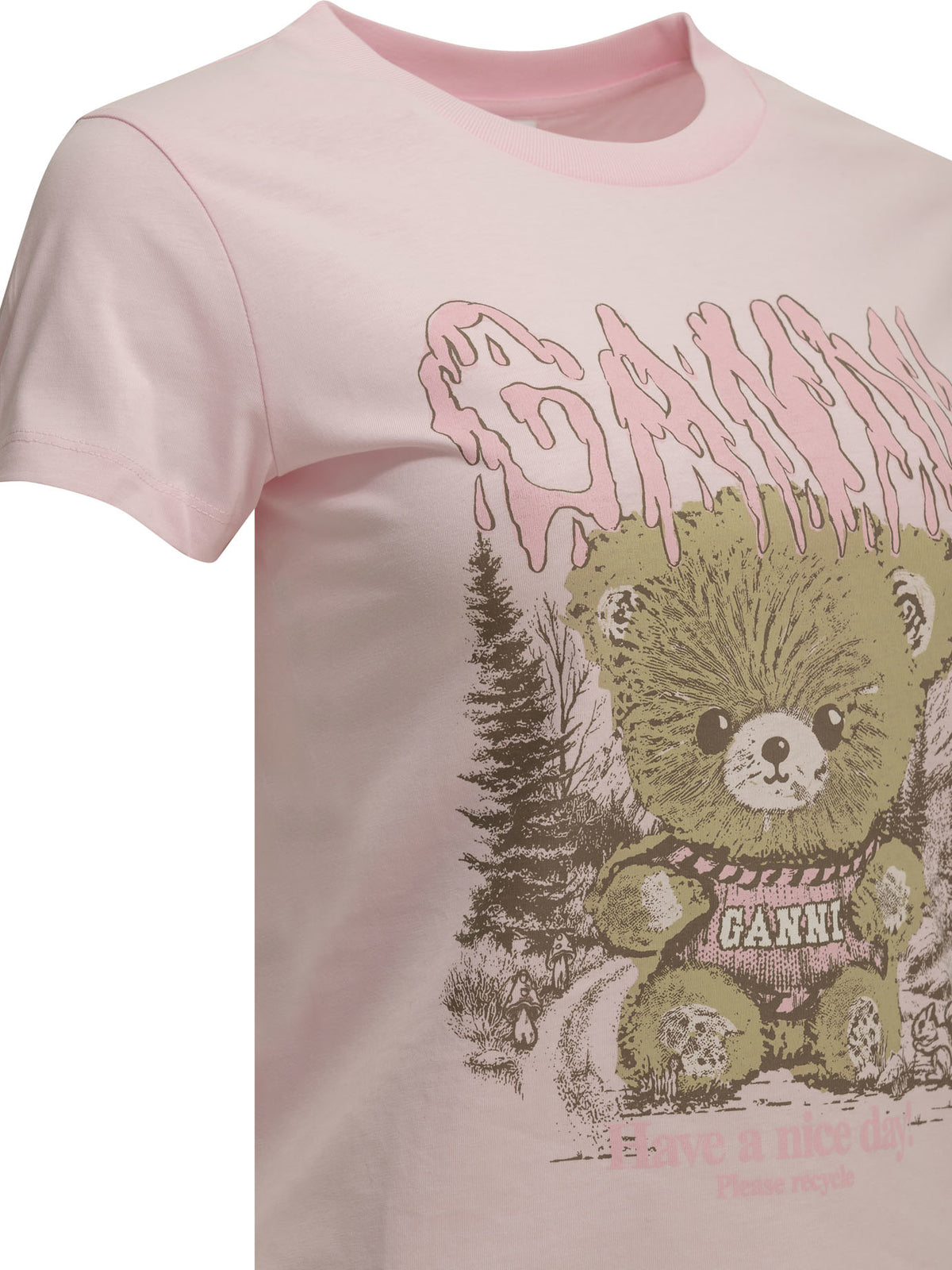 Ganni "Forest Teddy" Crew-Neck T-Shirt - Pink