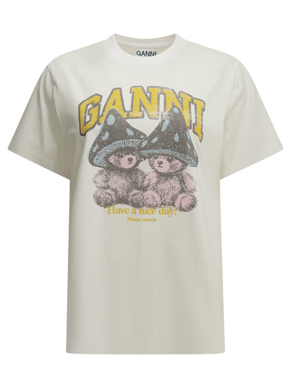 Ganni "Mushroom Teddy" Crew-Neck T-Shirt - White