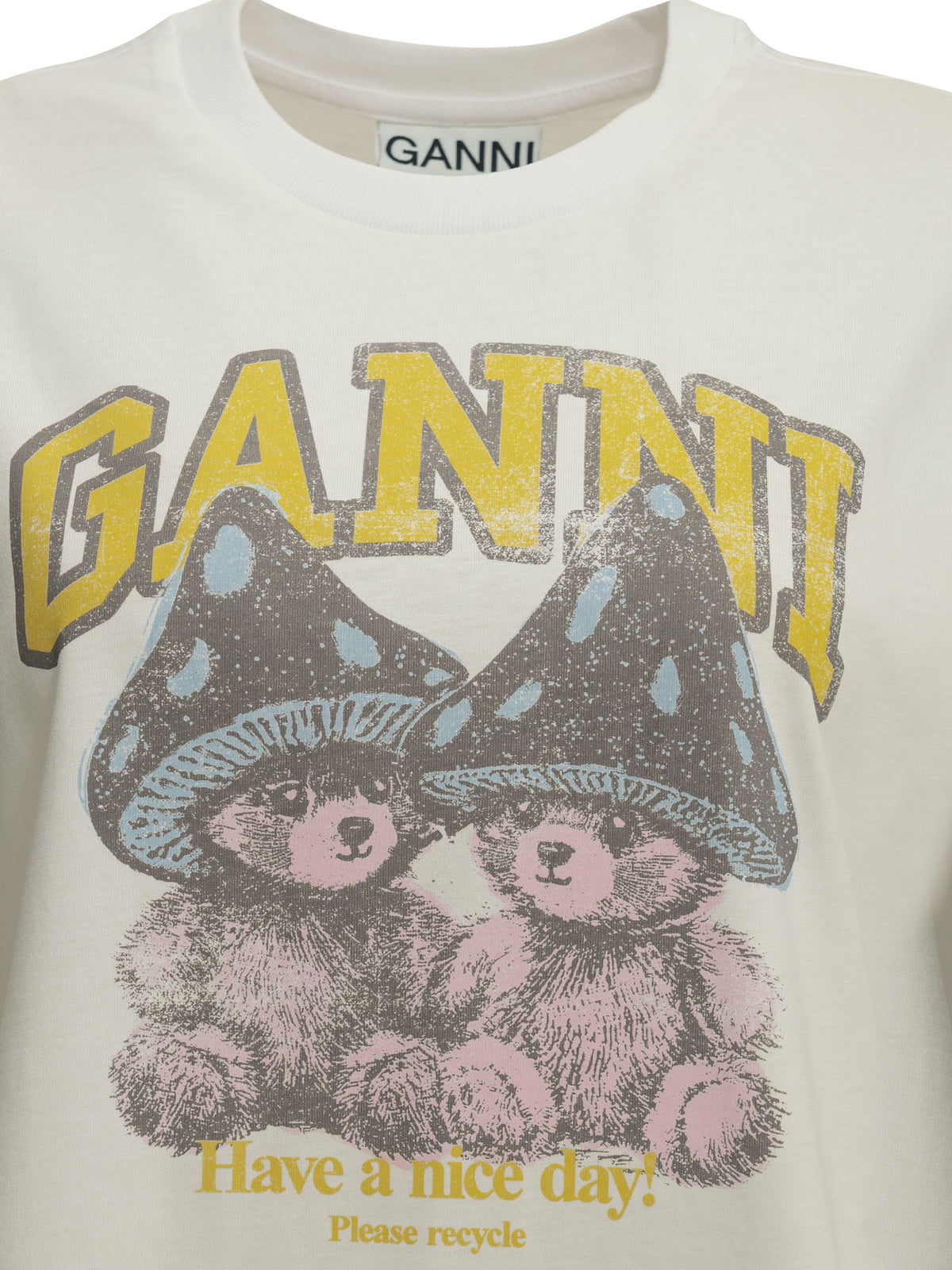 Ganni "Mushroom Teddy" Crew-Neck T-Shirt - White