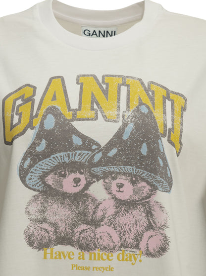 Ganni "Mushroom Teddy" Crew-Neck T-Shirt - White