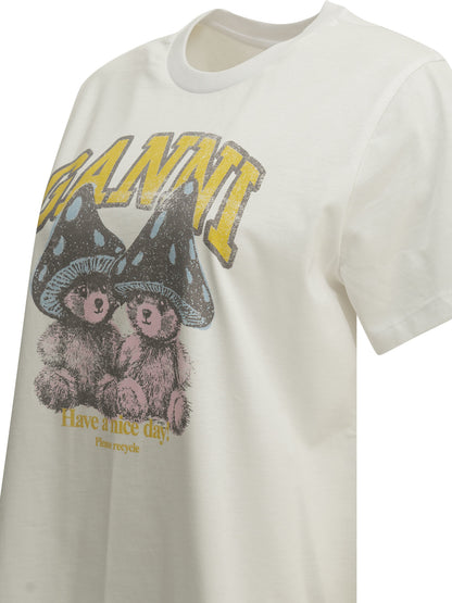 Ganni "Mushroom Teddy" Crew-Neck T-Shirt - White
