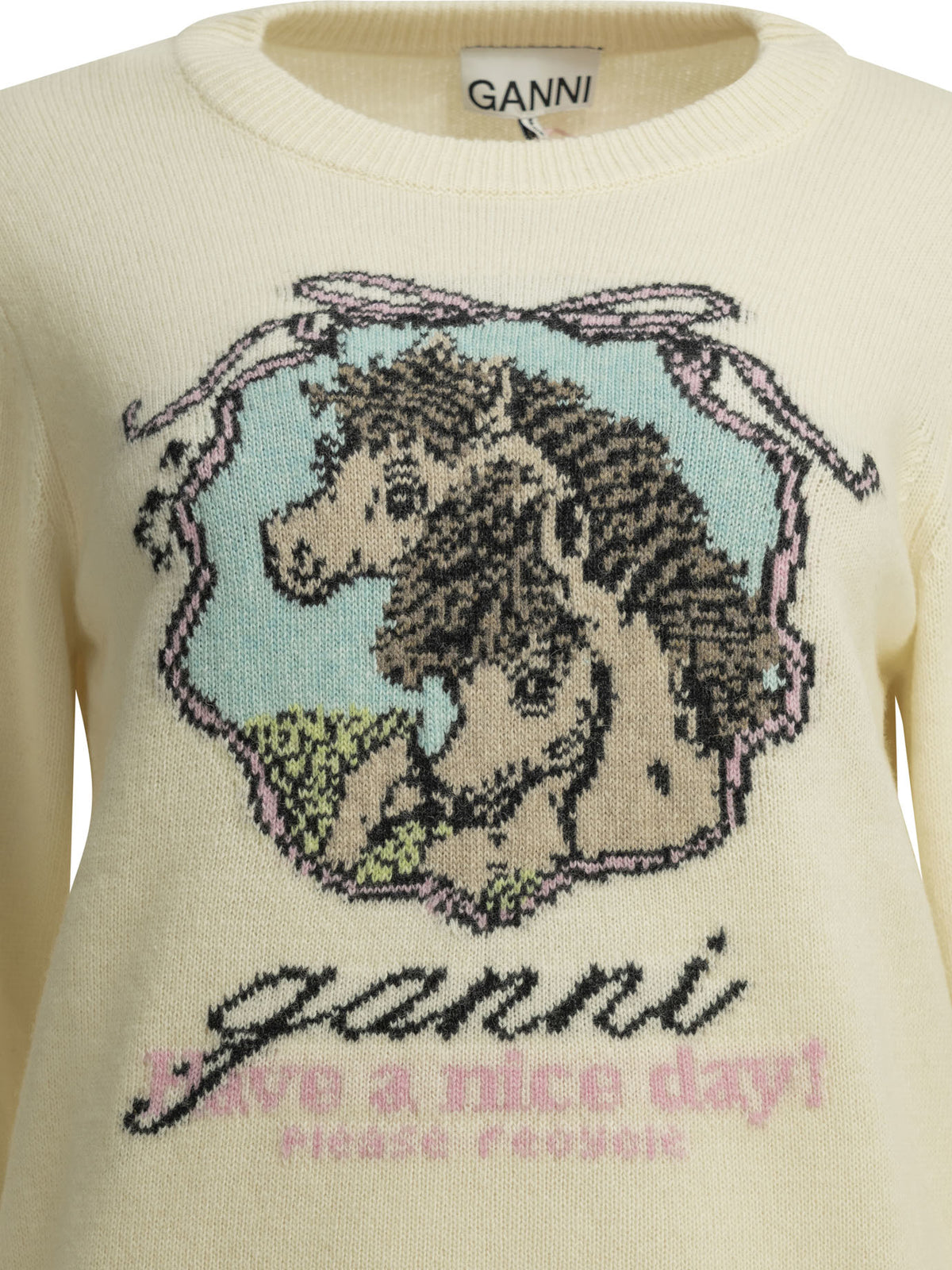 Ganni "Horses" Crew-Neck Sweater - White