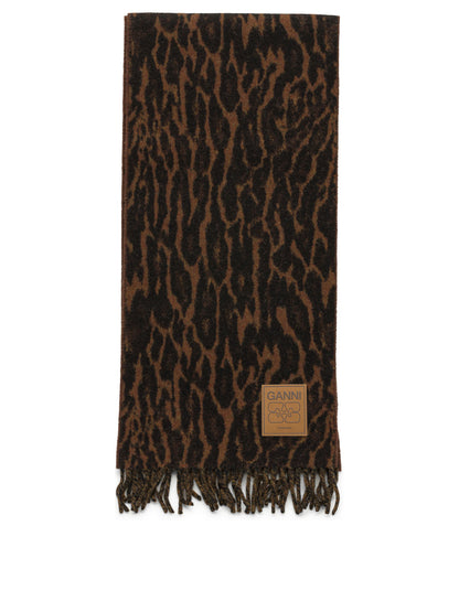 Ganni Scarf with fringes and logo - Brown