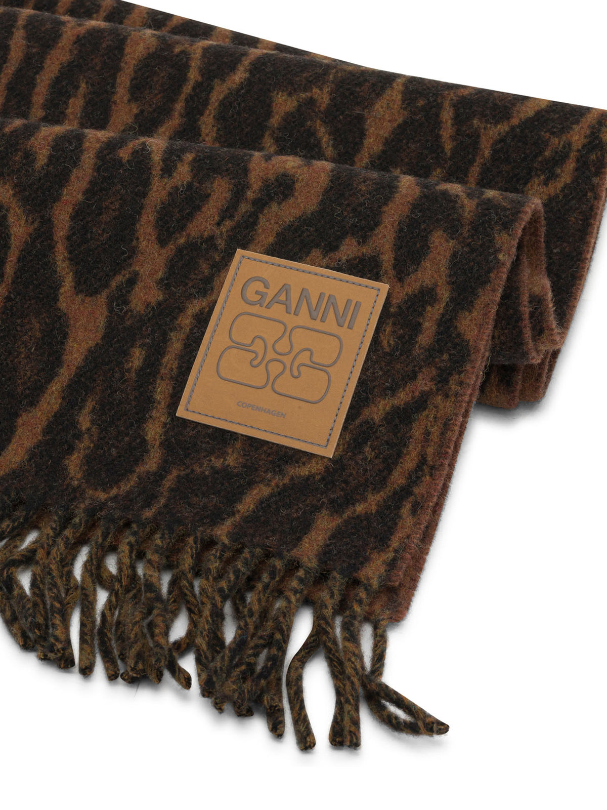 Ganni Scarf with fringes and logo - Brown